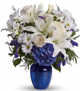 In this arrangement, the serenity of the color blue along with the purity of intention symbolized by white.