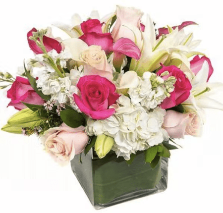 Darling and sweet, this arrangement of lilies, roses, hydrangea and callas is perfect for any occasion...Anniversary, Birthday or new baby.